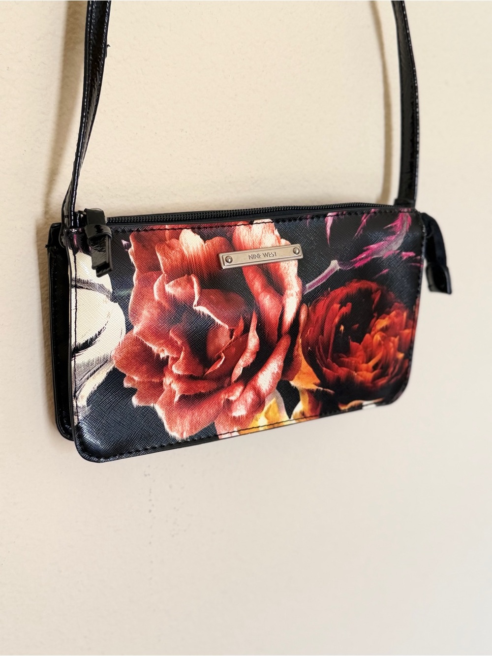Nine West Floral Zip Mini Shoulder Purse- Black with Red Rose Print - Picture 8 of 16